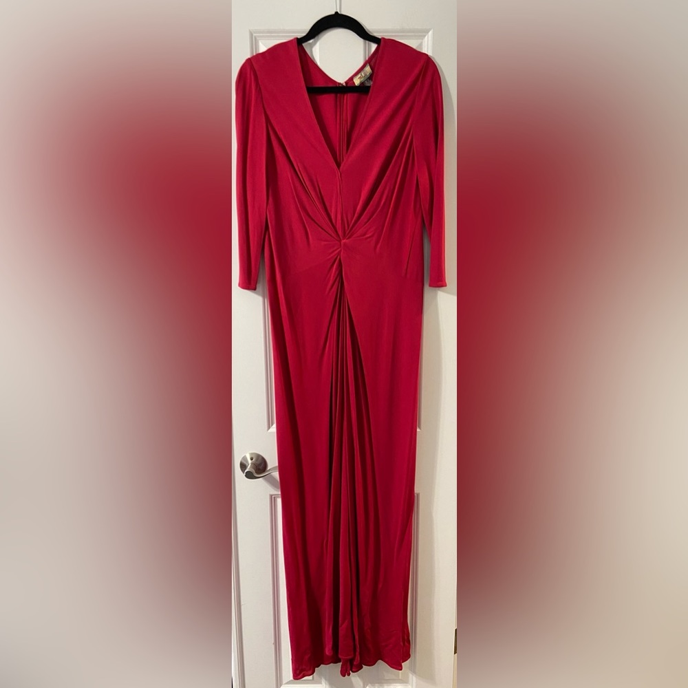 Issa London Cranberry Pink V-Neck 3/4 Sleeve Floor Length Dress - Size 12